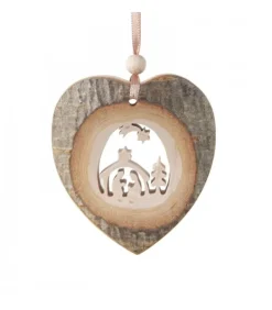 Coeur En Bois A Suspendre Motif Cisele Crèche Et Etoile, 7 Cm