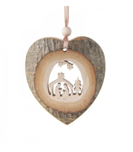 Coeur En Bois A Suspendre Motif Cisele Crèche Et Etoile, 7 Cm