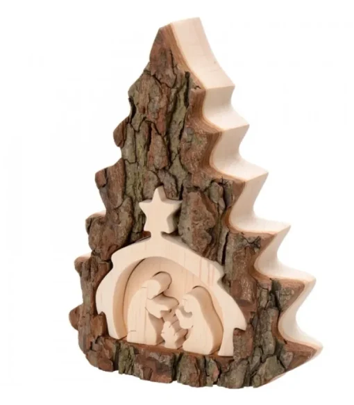Crèche De Noël 16 Cm, Taillee Dans Une Ecorce De Bois En Forme De Sapin