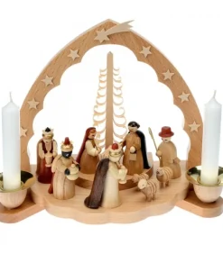 Crèche De Noël En Bois Avec Bougeoir 18 Cm