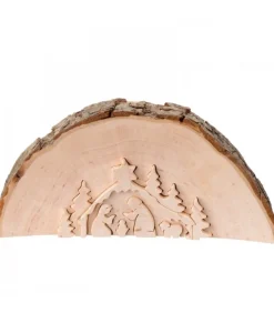 Crèche De Noël En Relief, Taillee Dans Un Rondin De Bois, 12 Cm