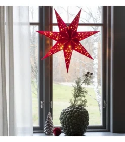 Etoile Lumineuse 7 Branches En Papier Velours Rouge A Suspendre, 60 Cm