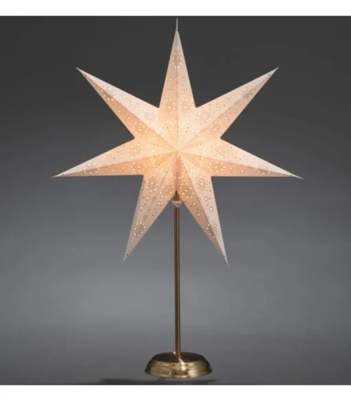 Etoile Lumineuse Electrique 7 Branches En Papier, Blanche, Sur Pied Laiton, 48 Cm