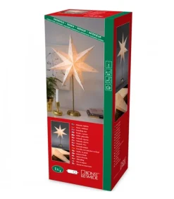 Etoile Lumineuse Electrique 7 Branches En Papier, Blanche, Sur Pied Laiton, 48 Cm