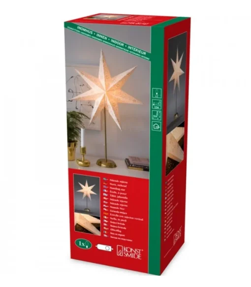Etoile Lumineuse Electrique 7 Branches En Papier, Blanche, Sur Pied Laiton, 48 Cm