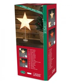 Etoile Lumineuse Electrique 5 Branches En Papier, Blanche, Sur Pied Blanc, 46 Cm