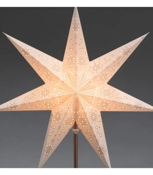 Etoile Lumineuse Electrique 7 Branches En Papier, Blanche, Sur Pied Cuivre 48 Cm