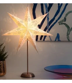 Etoile Lumineuse Electrique 7 Branches En Papier, Blanche, Sur Pied Cuivre 48 Cm