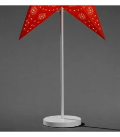 Etoile Lumineuse Electrique 5 Branches En Papier, Rouge, Sur Pied Blanc, 46 Cm
