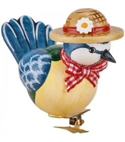 Oiseau Décoratif, Mesange Bleue Et Noeud Rouge, 6 Cm