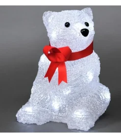 Ours Lumineux A Led En Acrylique Avec Ruban Rouge, 18 Cm