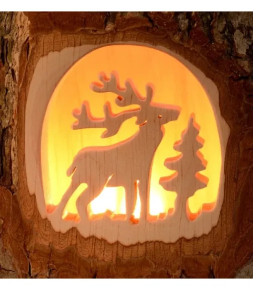 Photophore En Bois Cisele, Cerf En Foret