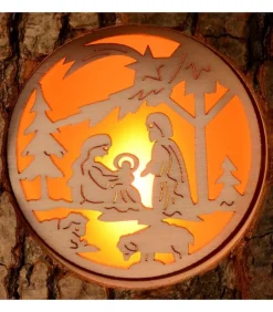 Photophore Rondin De Bois, Avec 3 Motifs, Crèche, Anges Et Bonhomme De Neige