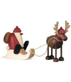 Père Noël En Bois Sur Luge Et Renne