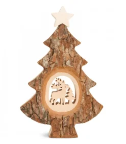 Sapin Noël En Bois Avec Cerf Cisele, 18 Cm