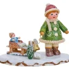 Village De Noël Miniature, Fillette Avec Petit Frere Sur Luge