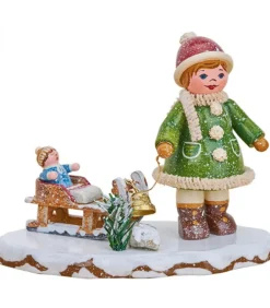 Village De Noël Miniature, Fillette Avec Petit Frere Sur Luge